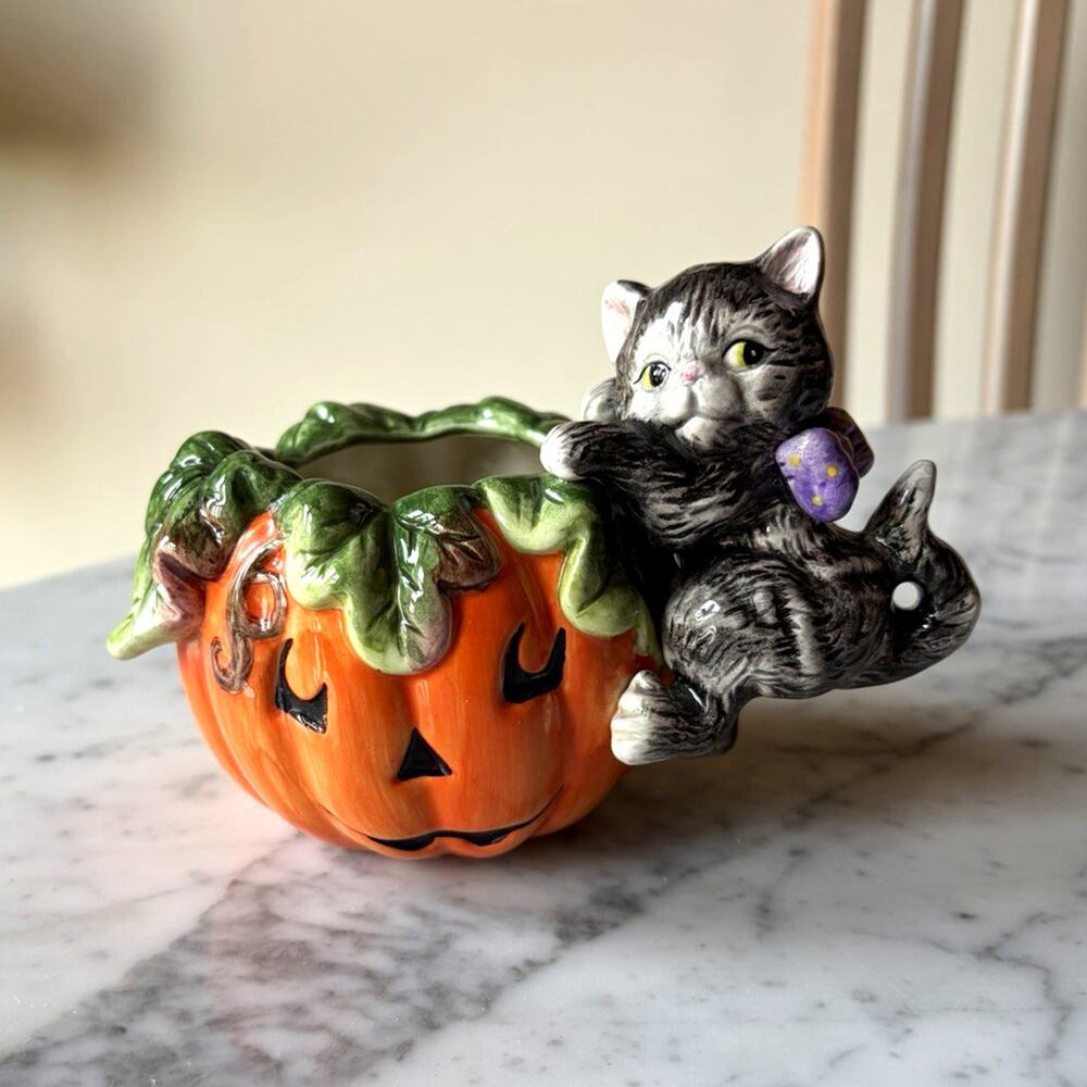 Fitz and Floyd Halloween Pumpkin Cat Ceramic Candle Holder Hand Painted Glazed